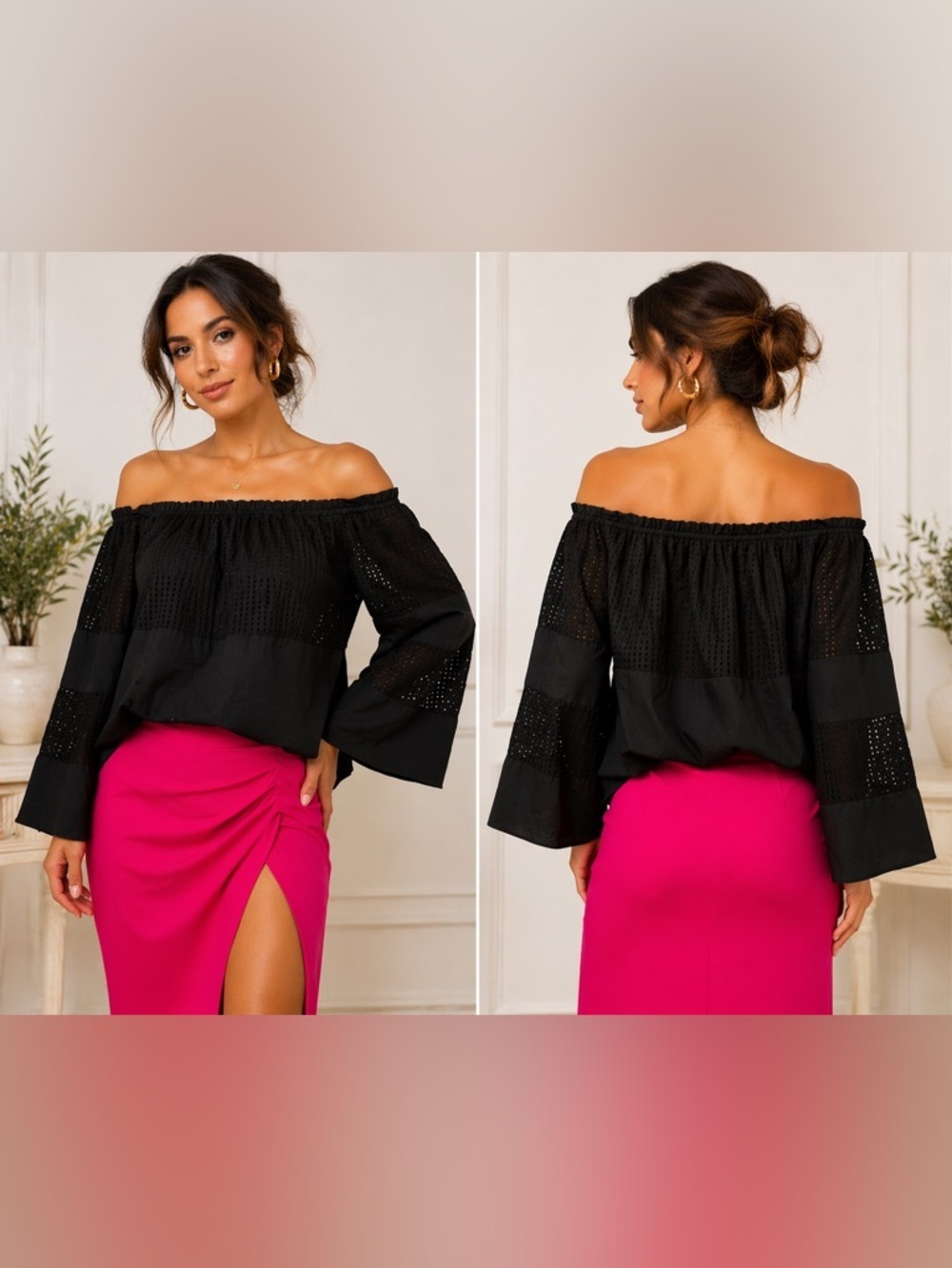 Vertigo Paris Off Shoulder Eyelet Bell Sleeve Blouse Black NWT Medium Date Night